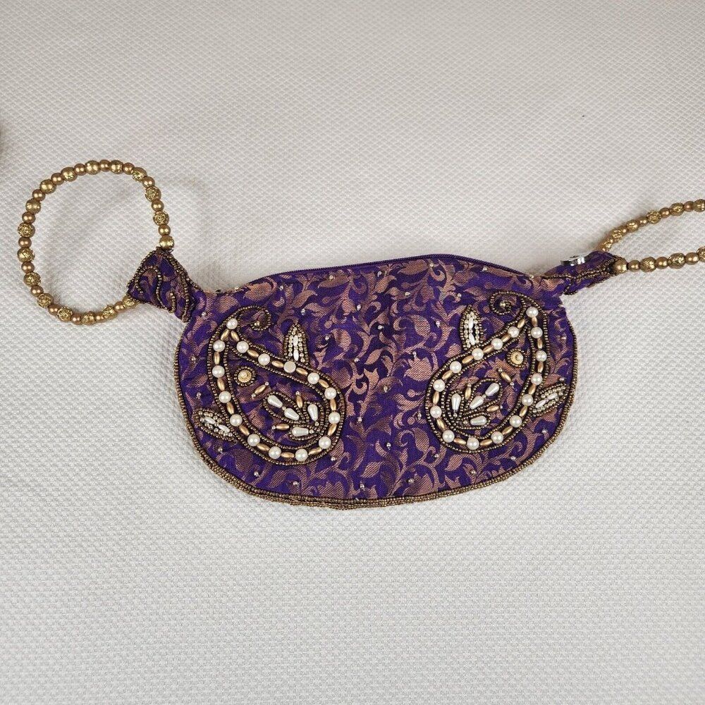 Fortune Cookie Purse Beaded Purse Zip Snap Closure Gold Purple Handmade